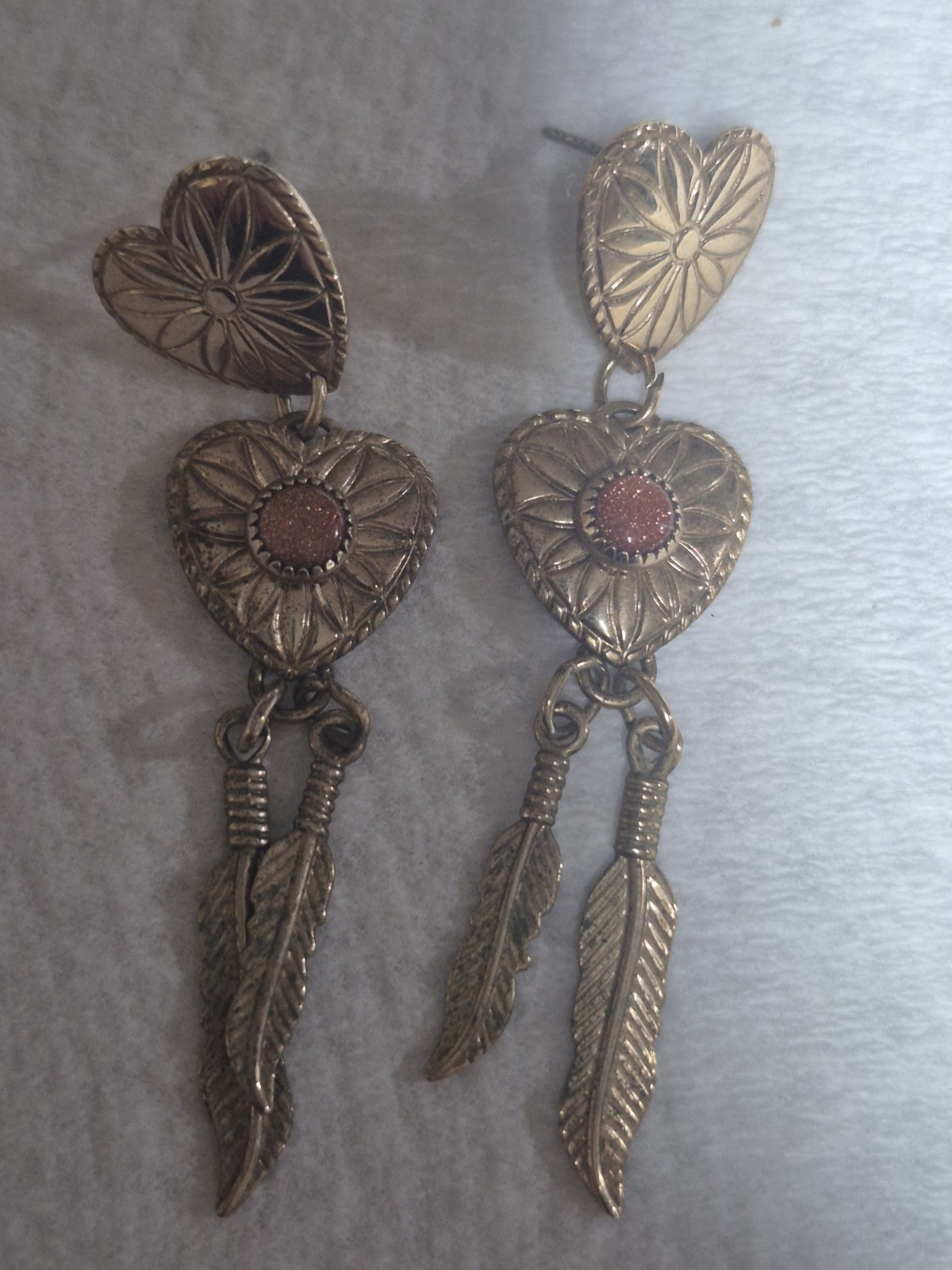 Vintage Southwestern Double Heart Dangle Earrings Goldstone Feather Boho