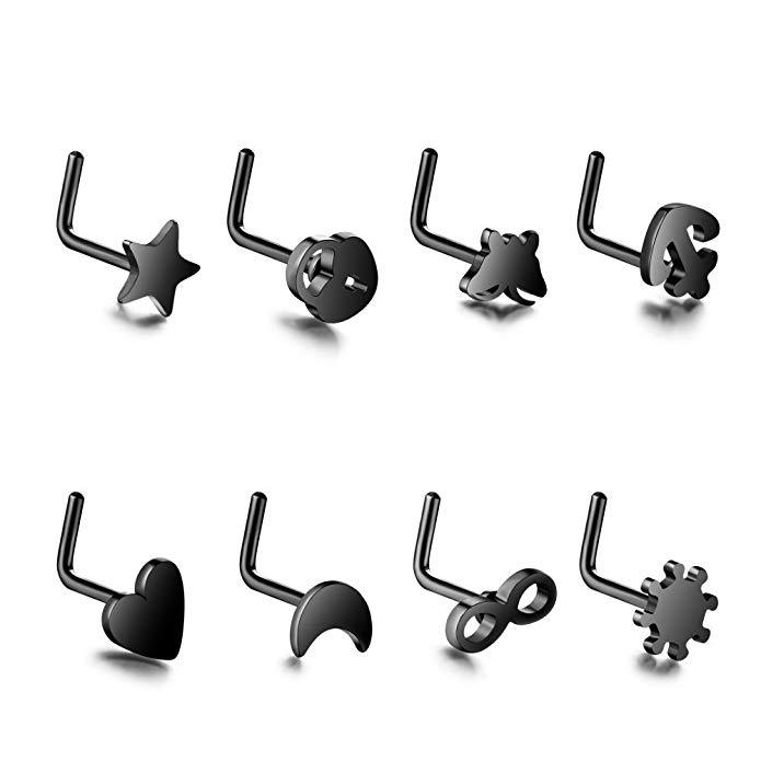 8 pcs Nose Ring L Shape Lip Ear Studs 20G Surgical Steel Mix Style Piercing Set