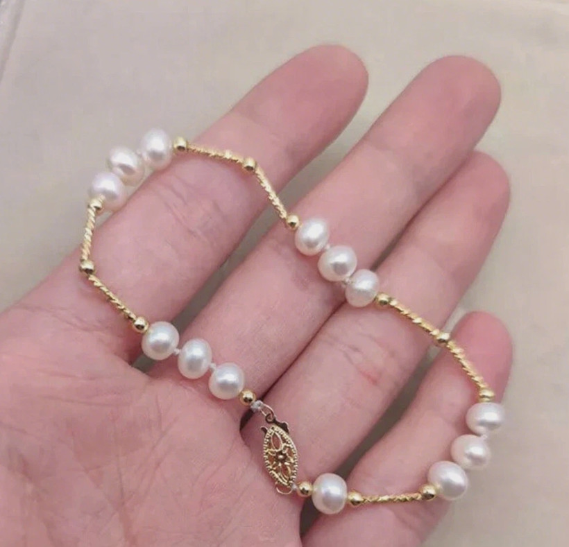 7-8mm AAA Akoya Real Natural White Pearl Bracelet 14k Gold 7.5-8″