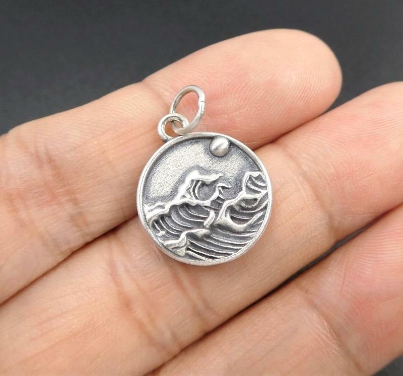 Handmade Sterling Silver Ocean Wave and Sun Small Round Charm Pendant Unique