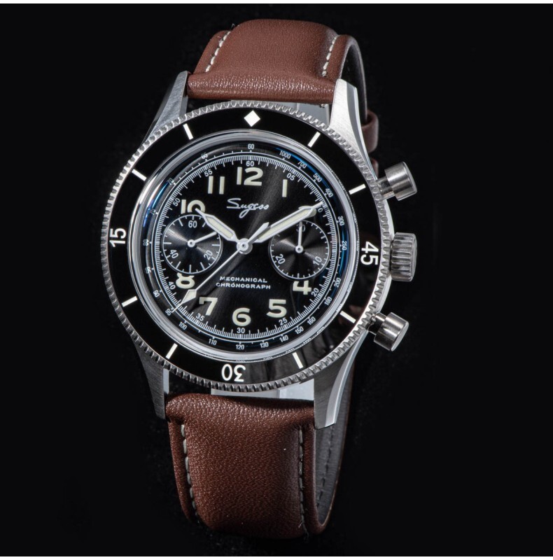 Sugess Mechanical Chronograph Steel Black Leather Brown Men’s Watch