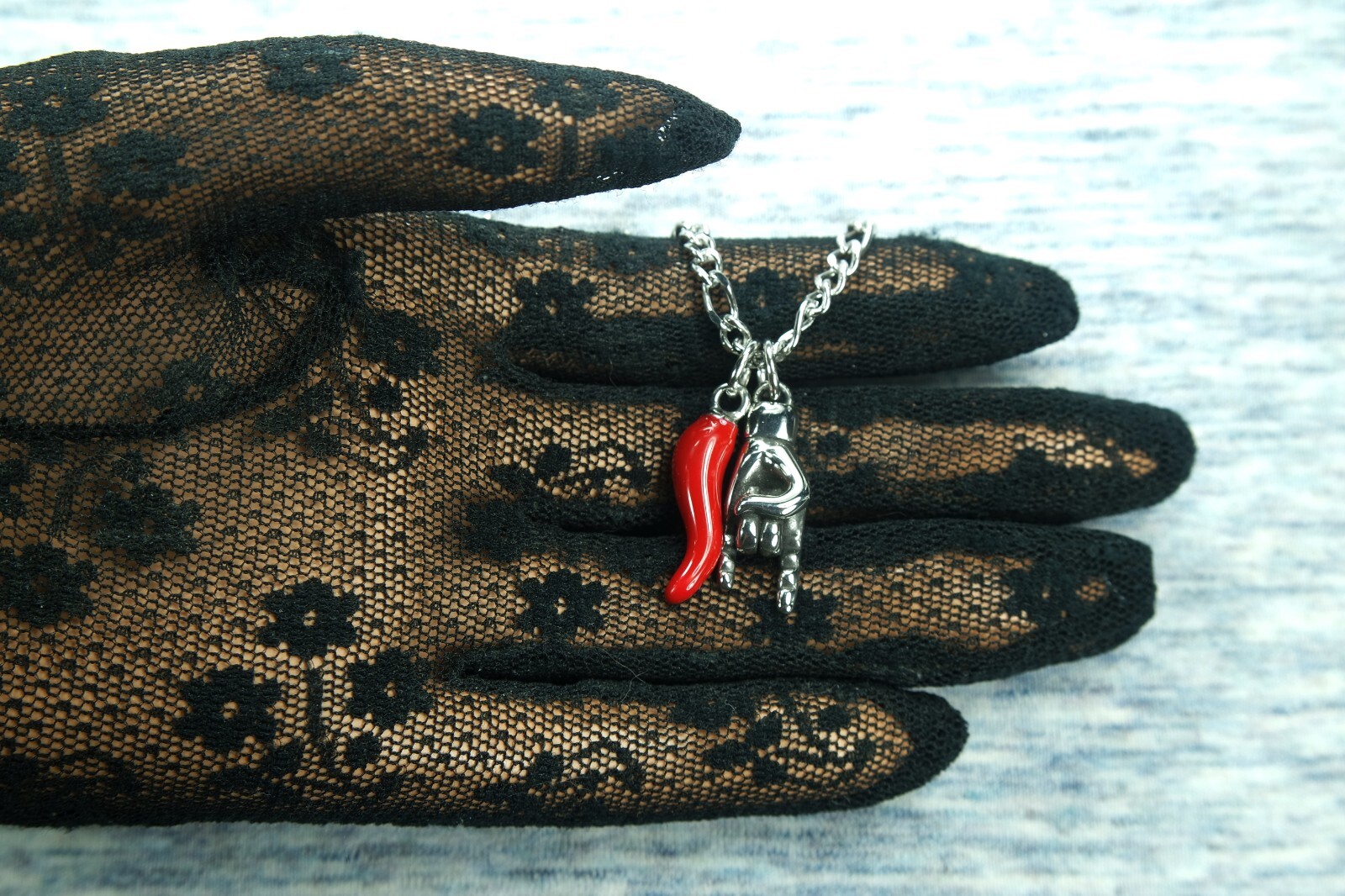 Large Red Cornicello & Mano Cornuto Necklace, Italian Hand Horn Protection Italy