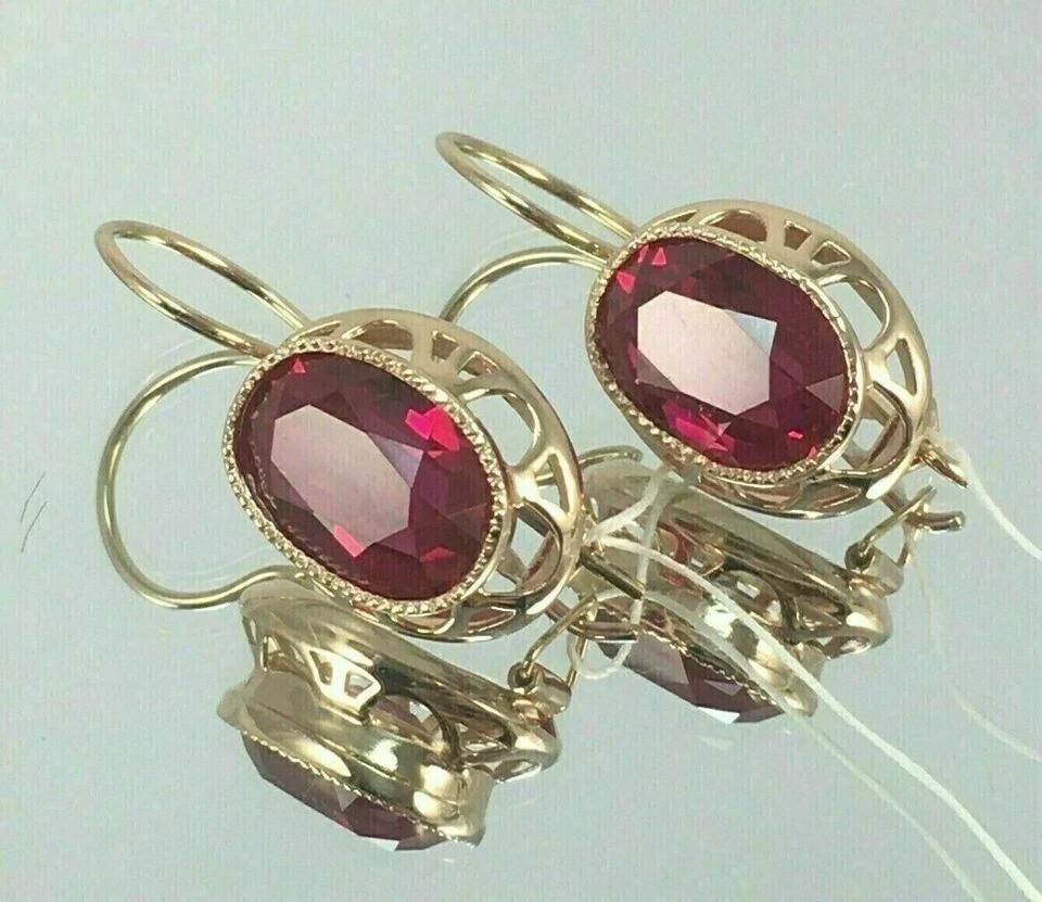3Ct Oval Cut Lab Created Red Ruby Drop Dangle Earrings 14K Yellow Gold Plated
