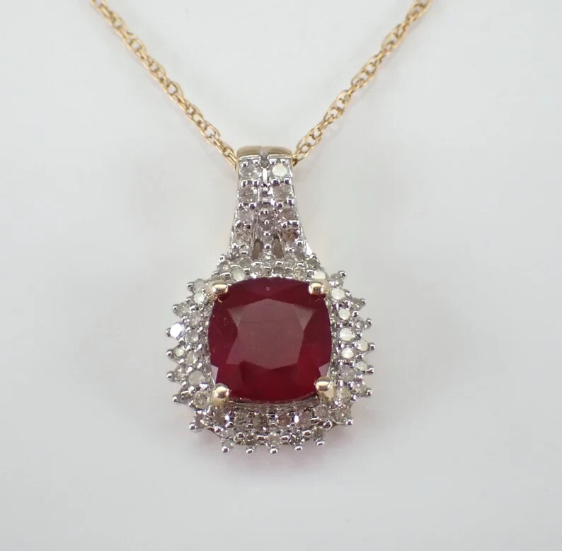 2.20Ct Cushion Cut Natural Red Ruby Women’s Halo Pendant Solid 14K Yellow Gold