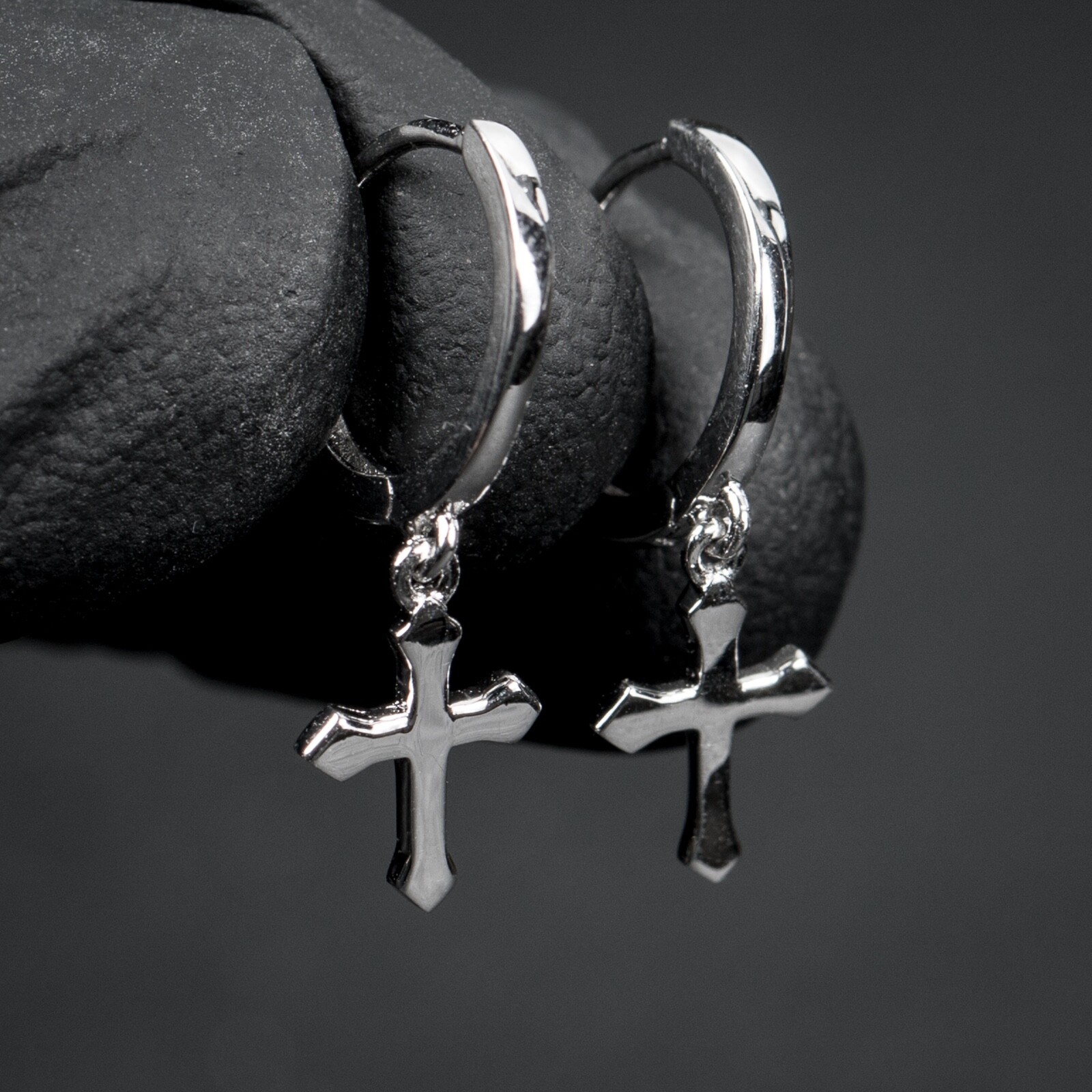Mens Small Solid Sterling Silver Cross Dangle Drop Hanging Huggie Hoop Earrings