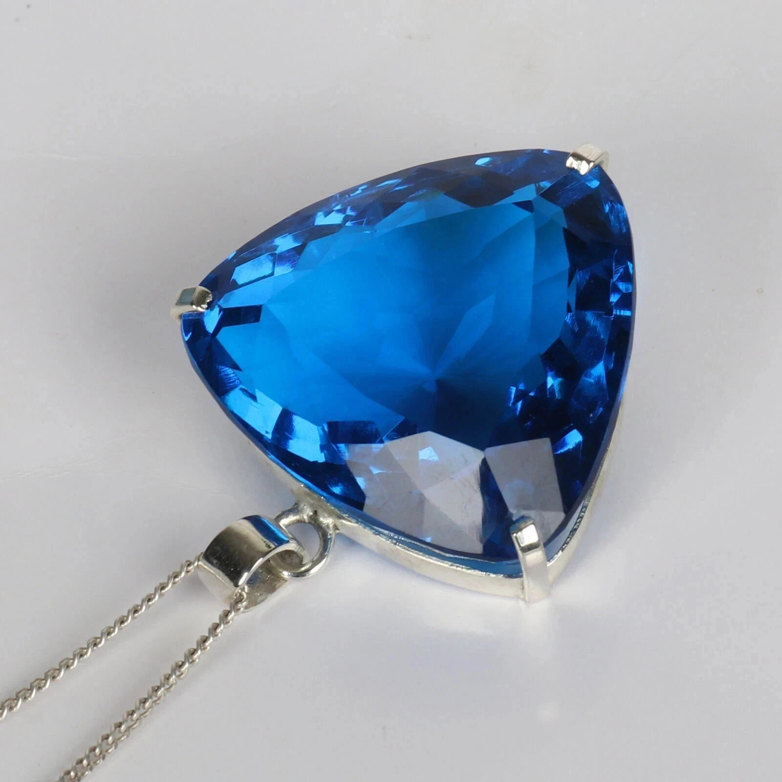 50 Ct+ Natural Blue Topaz 925 Solid Silver Trillion Pendant Gemstone Certified