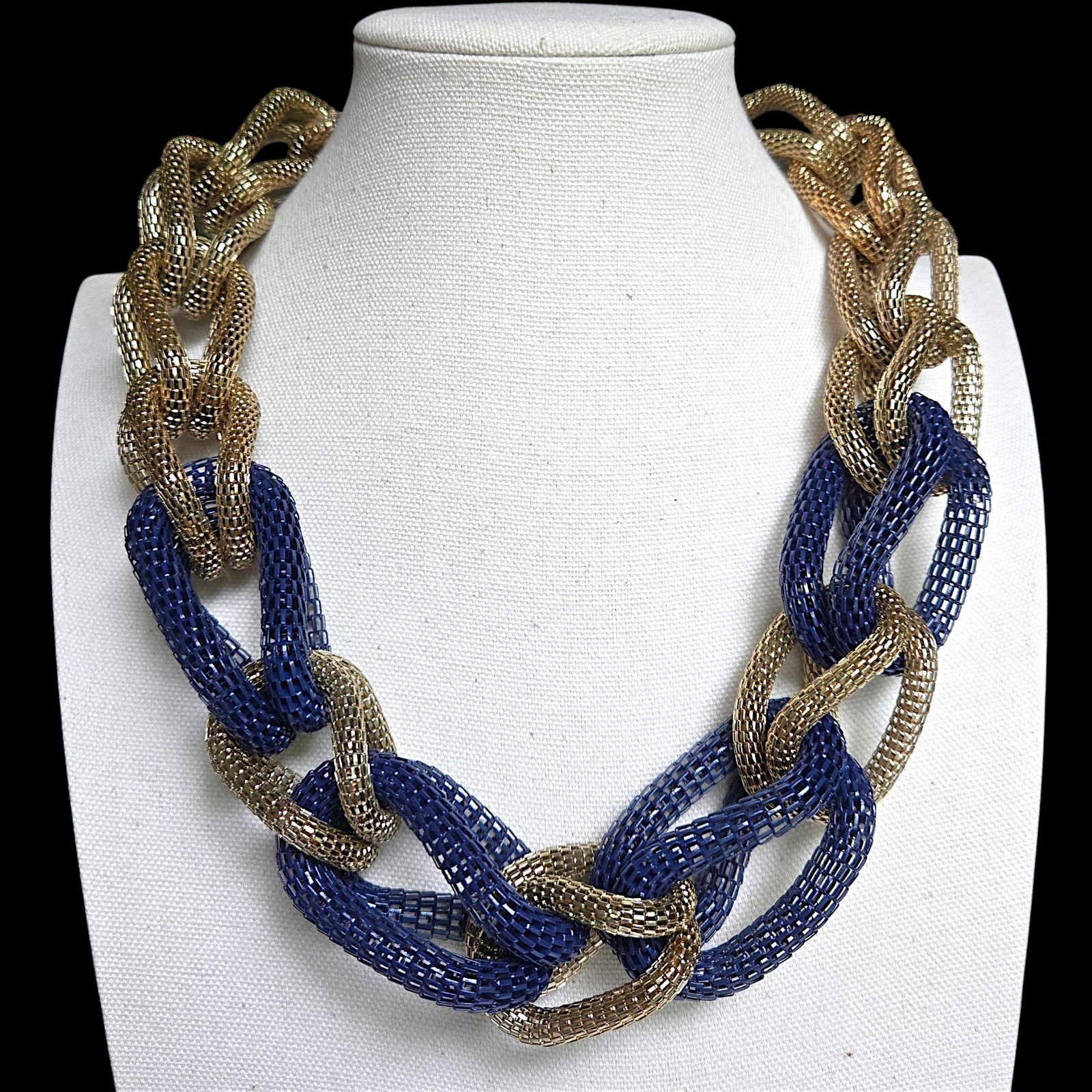 ALDO Blue Gold Metallic Mesh Chain Link Statement Necklace Chunky Collar 22.5″