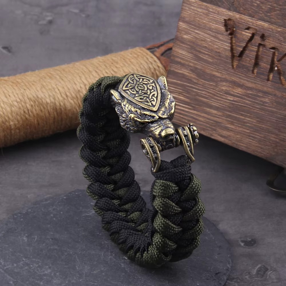 Viking Wolf Head Bracelet Men’s Braided Paracord Punk Biker Cuff Jewelry