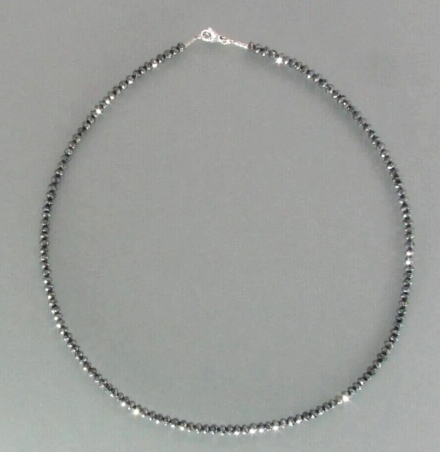4.2mm 16″ Treated Certified Black Diamond Beaded Necklace In 925 Silver Clasp