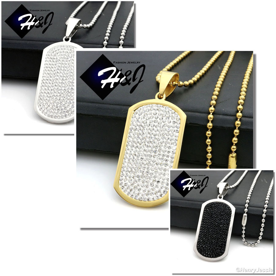 24″Stainless Steel 2.5mm Silver/Gold Plated Chain Cubic Zirconia Dog Tag Pendant