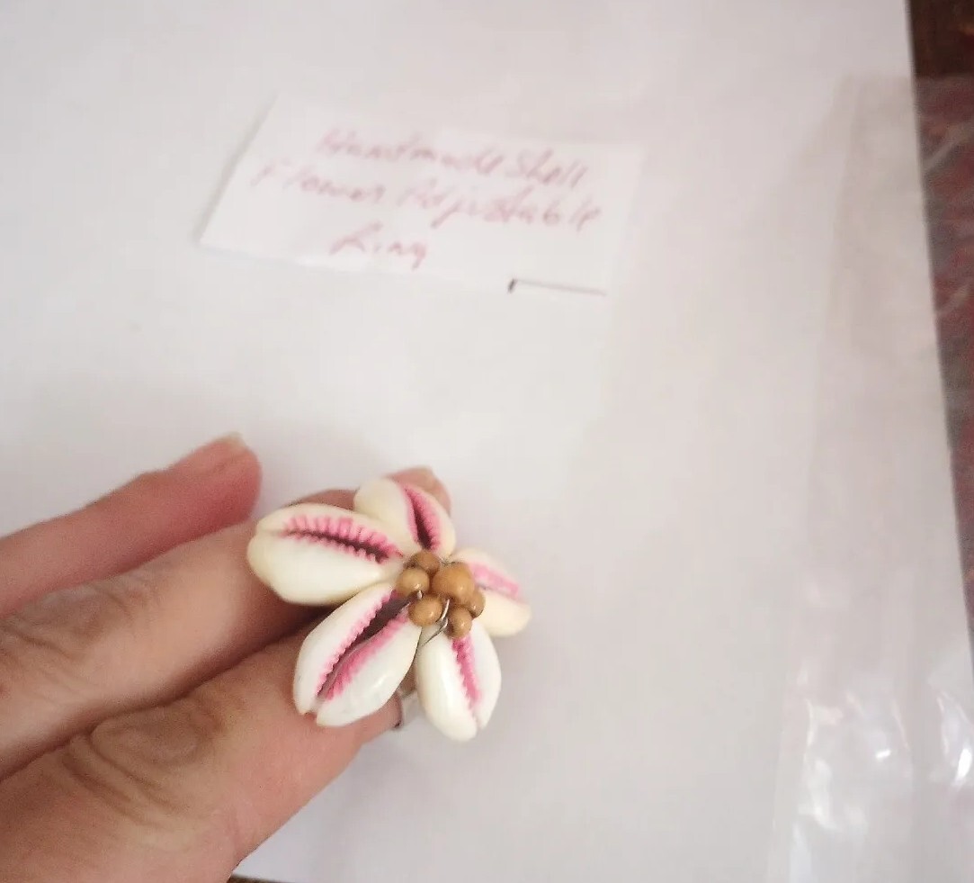 Hand Made Shell Flower White ,Pink, Brown Silver Tone Adjustable Ring