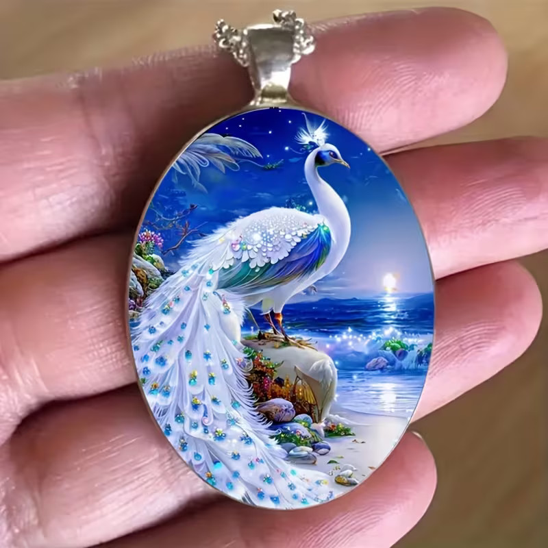 Peacock Beauty Oval Jewelry Vintage Silvery Gothic Bird Pendant Necklace B