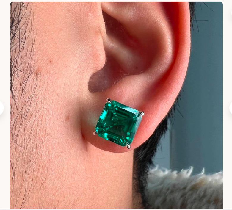 Natural Emerald 3Ct Emerald Cut Solitaire Stud Earring 14k White Gold Plated