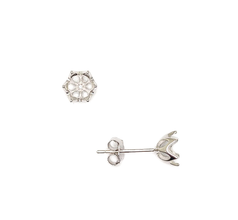 Round Six Prong Lotus Style Earring Settings Sterling Silver with Rhodium Finish