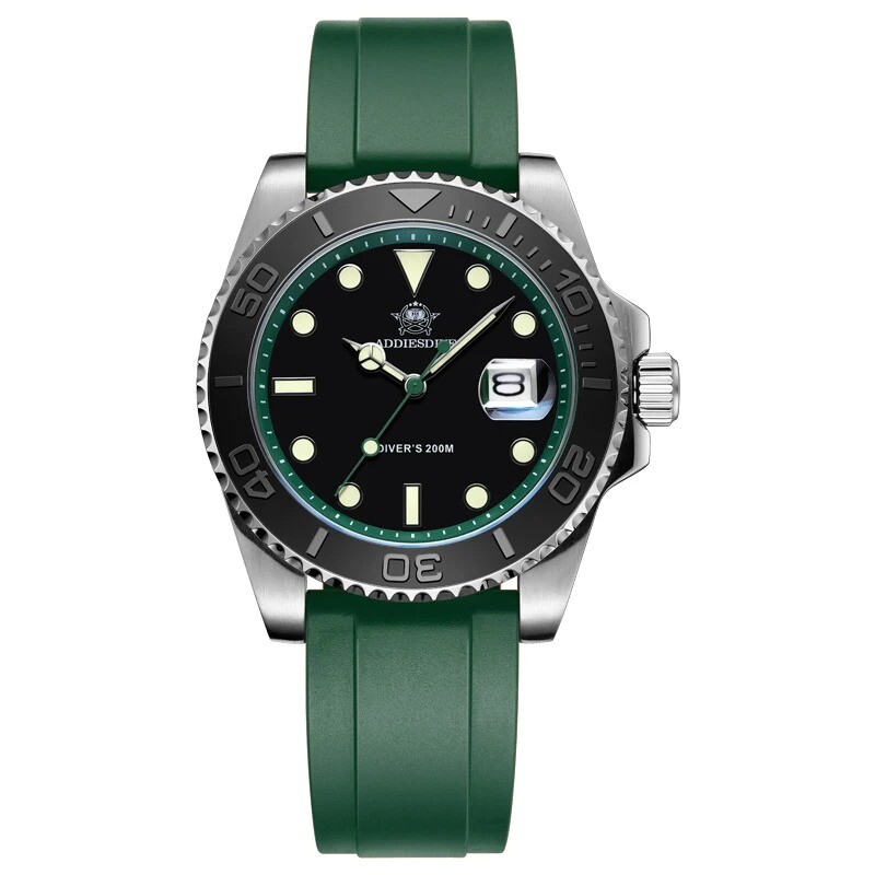Addiesdive 41mm Quartz Dive Watch 200m Silver Stainless Steel Bezel Rubber Strap