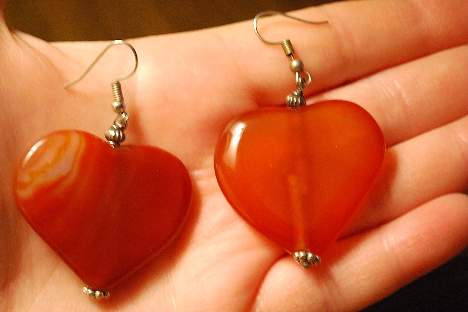 LARGE 2.25″ Hand Carved POLISHED HEARTS Drop Dangle Earrings CARNELIAN GEMSTONE