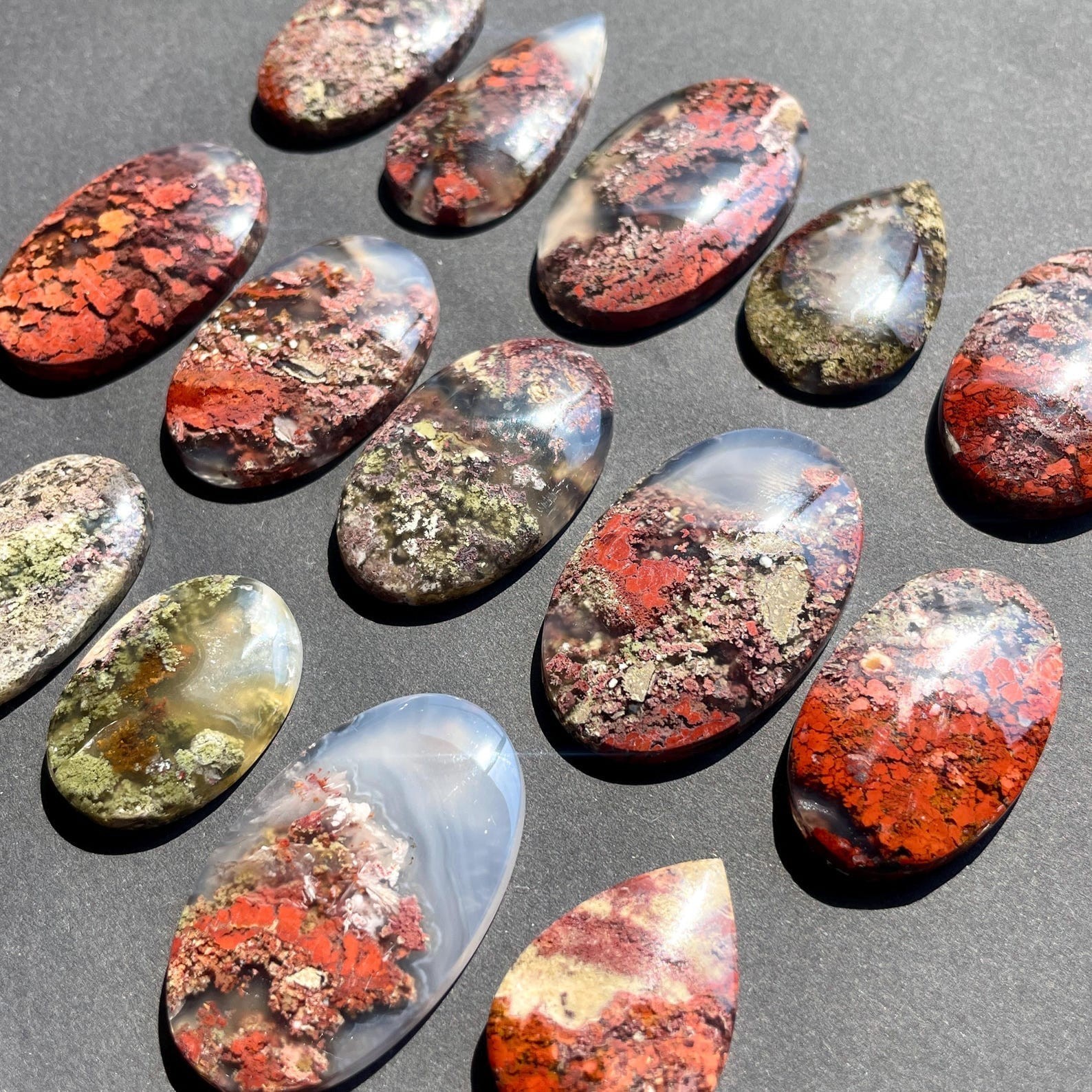 Red & Green Moss agate flat back cabochon -Garden Landscape -Natural Gemstones