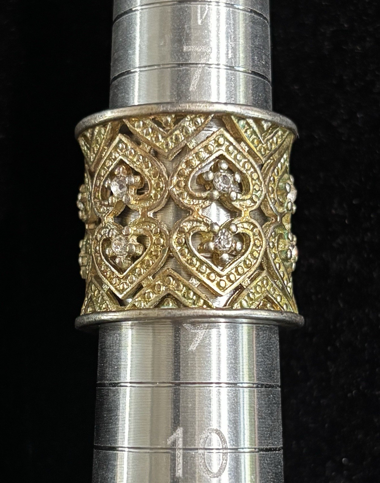 Two Toned Sterling Silver Wide Cigar Band With Filigree And Hearts Size 8-8.5