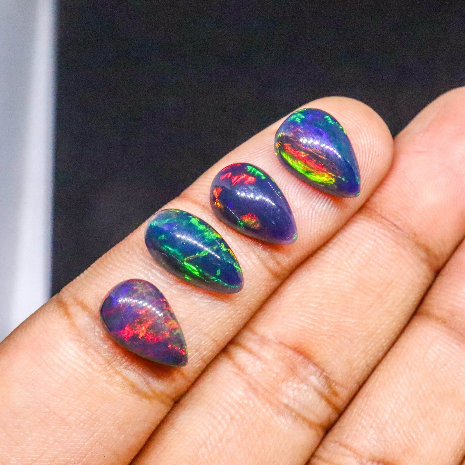 100Pcs AAA Natural Black Opal Pear Cabochon Multi Fire 12x8mm Wholesale Lot