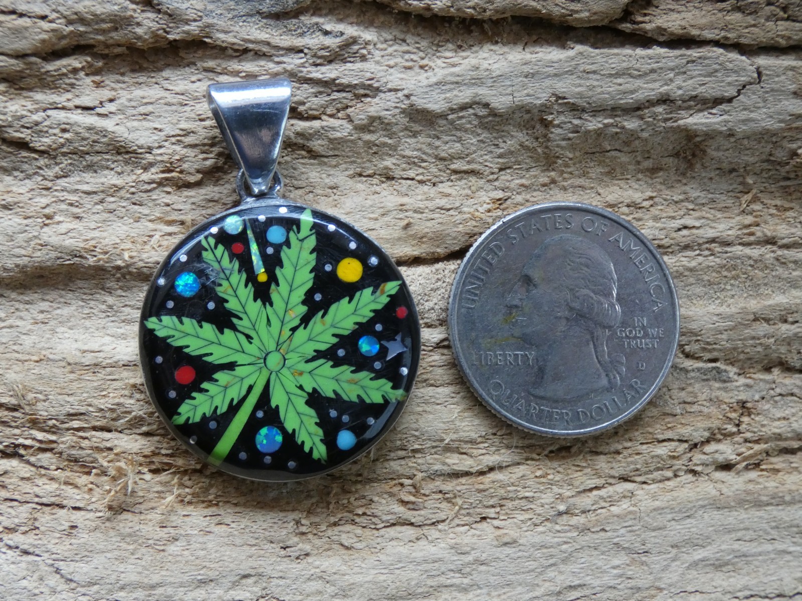 Marijuana Leaf 420 Gemstone Opal Aluminum Sterling Silver Alloy Pendant AS95