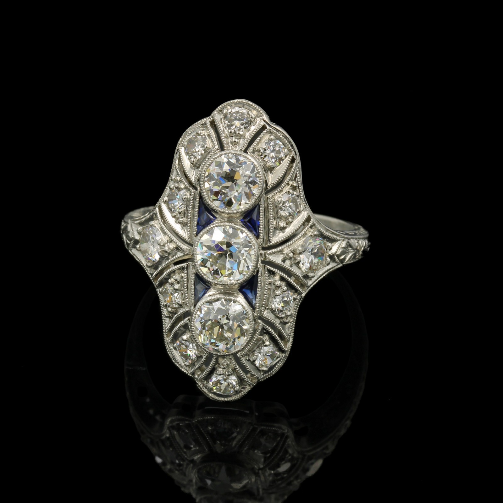 Art Deco Platinum Die Struck 1.20ctw Diamond 3 Stone Shield Sz 5 Ring #E74974-2