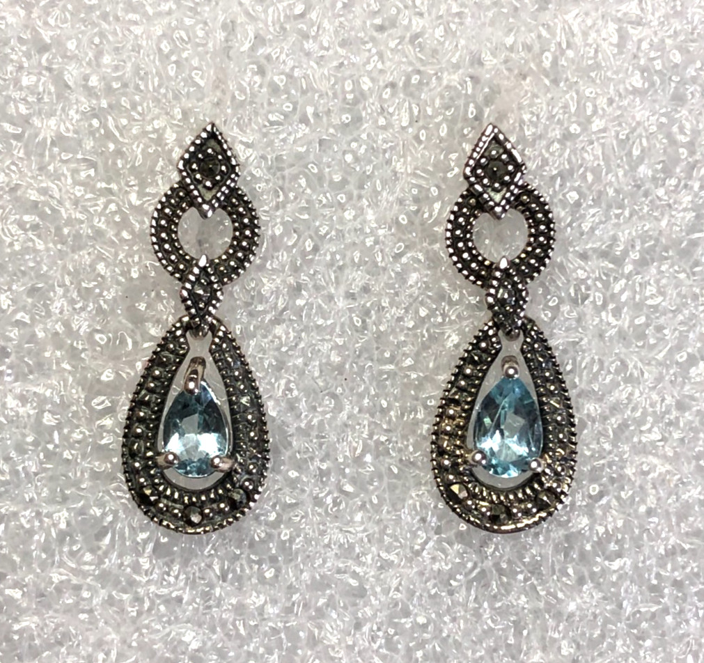 Sterling Silver Blue Topaz Marcasite Earrings 925 Antique Style JTV .80″ 7825