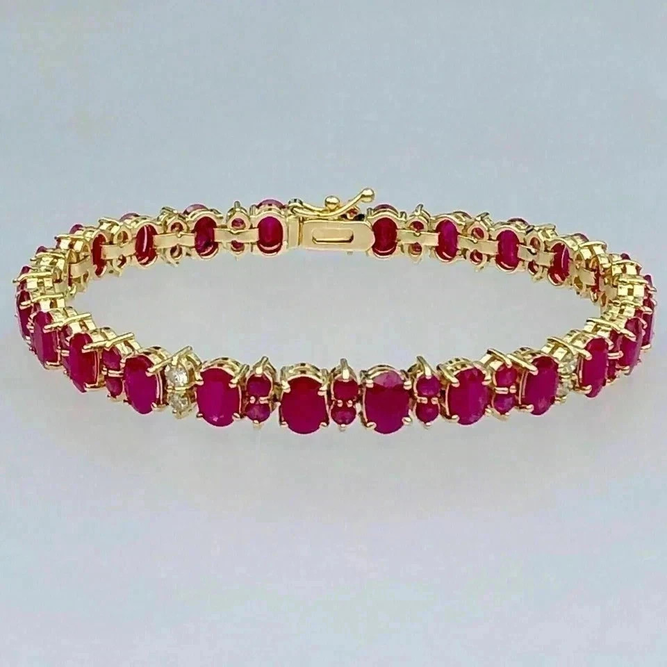 11.00Ct Oval Cut Natural Red Ruby & Diamond Tennis Bracelet 14K Yellow Gold 7″