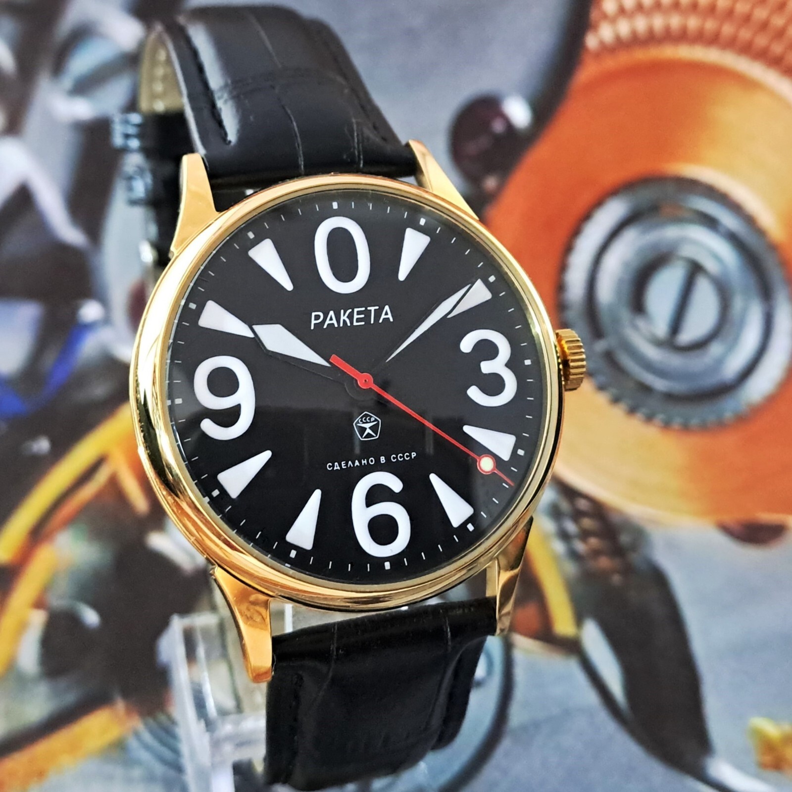 Vintage Watch USSR RAKETA Big Zero Black Dial Wristwatch Mechanism 2609.HA Gold