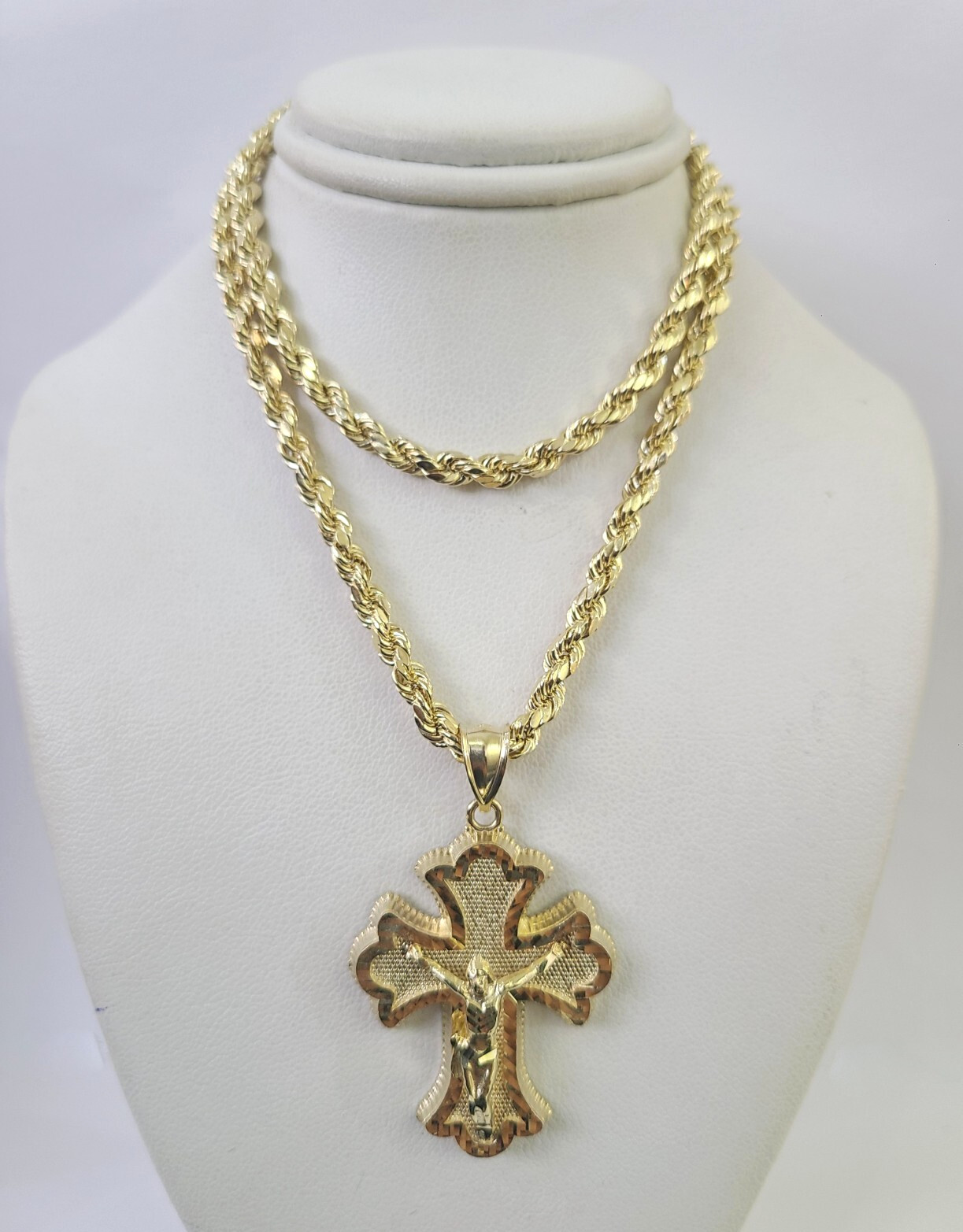 REAL 10k Jesus Crucifix Cross Charm Rope Chain Pendant 4mm Necklace Set 18″-28″