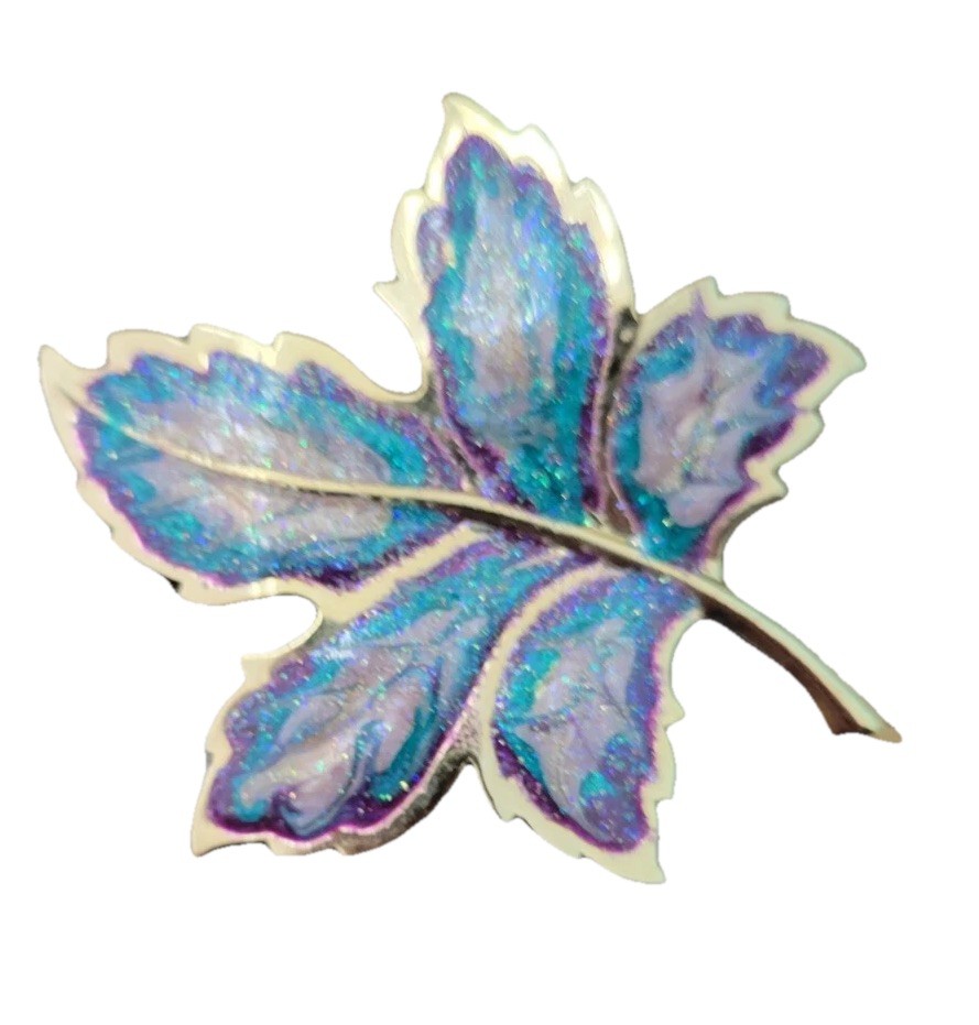 Large Gold Tone Swirl Enamel Blue Green Gold Leaf 3″ Pin Brooch