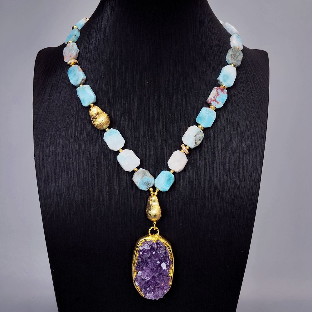 Natural Stones Larimar Amethyst Druzy Pendant Necklace Beaded Designer