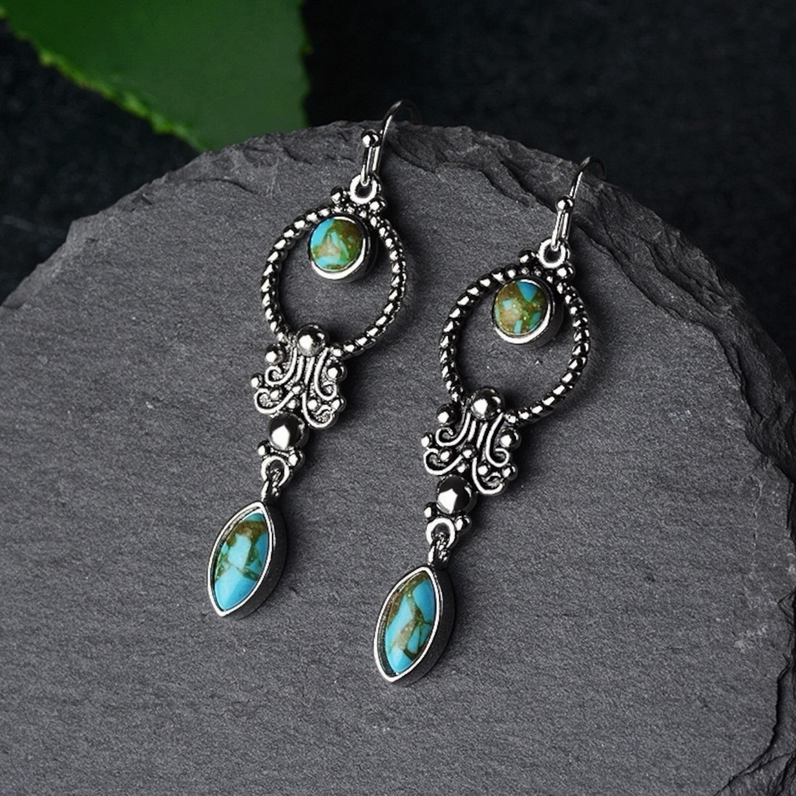 Elegant Boho Drop Earrings vintage 925 Silver Plated Blue Jewelry A38