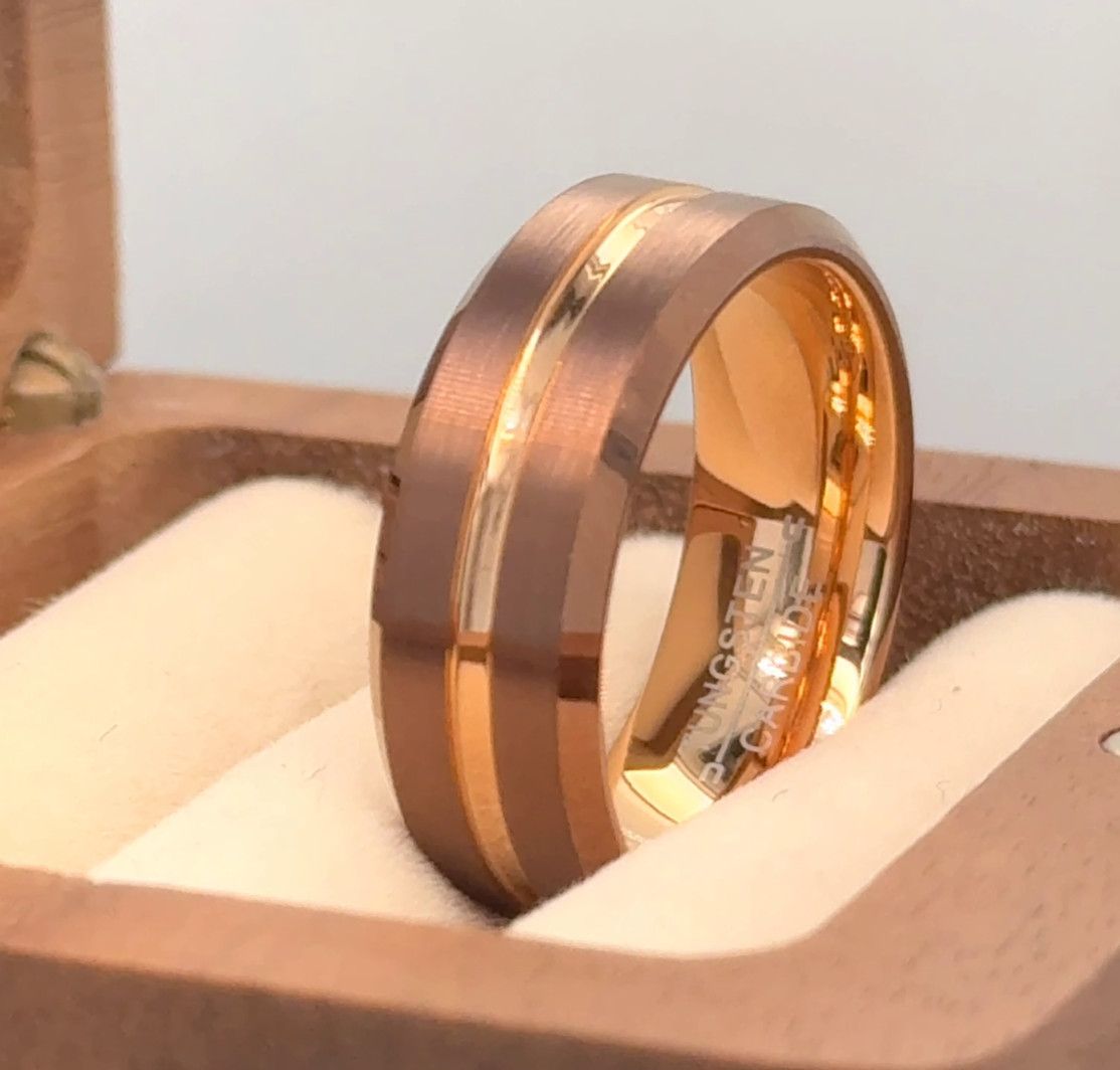 Brown Brushed Finish Center Men’s Wedding Ring Rose Gold IP Plated Tungsten Ring