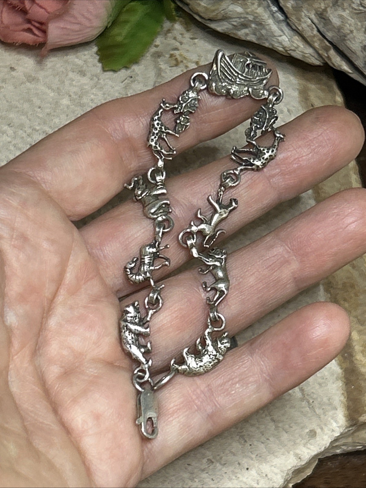 53. Vintage Sterling 925 Noahs Ark Animal Link Chain Bracelet 7 1/4″. 8.8g.