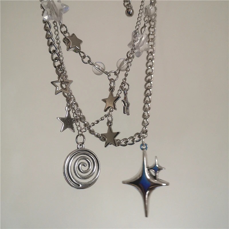 3PCS Punk Silver Star Pendant Layered Chain Necklace Y2K Grunge Unisex