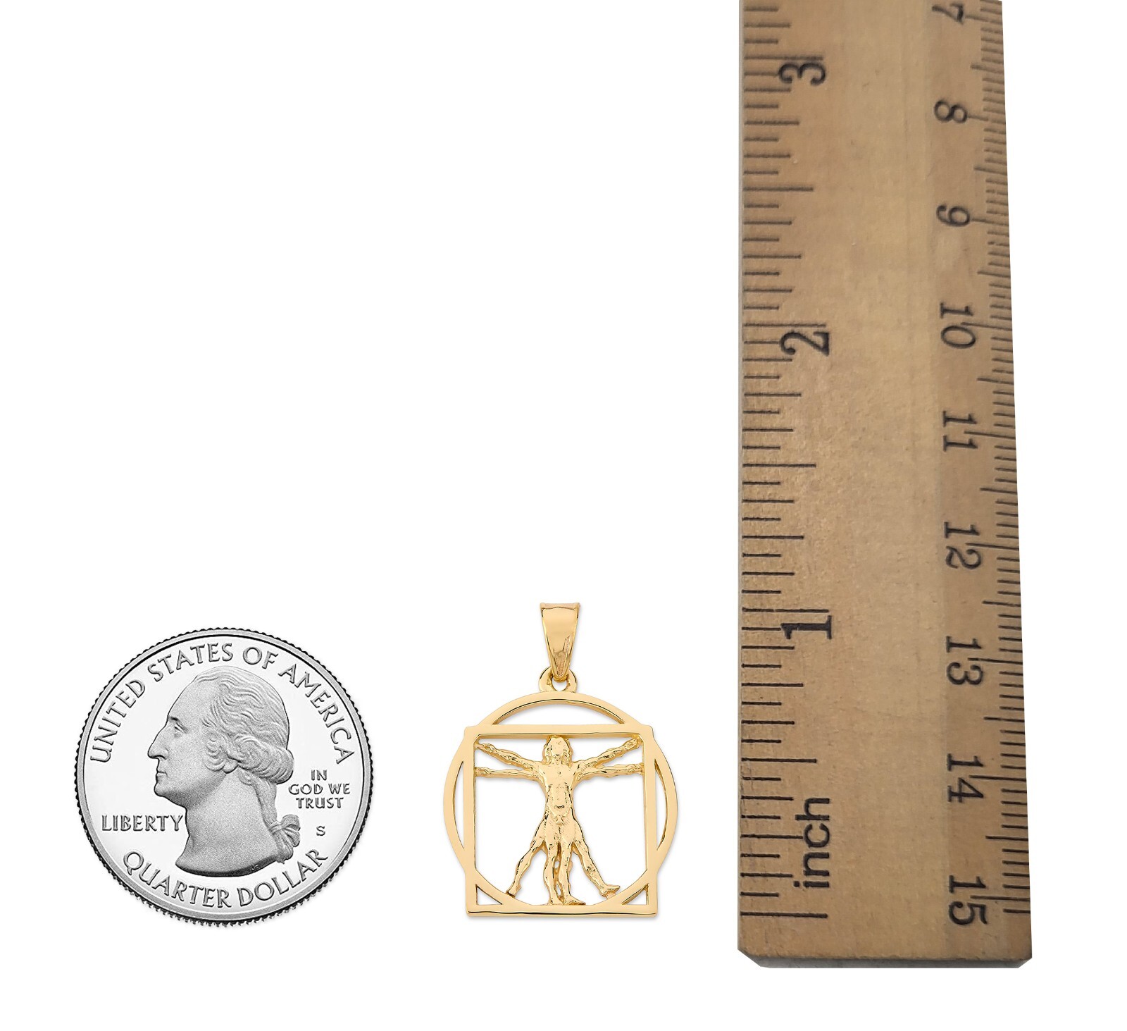 Solid 18K Yellow Gold Da Vinci Vitruvian Man Pendant, 3/4″, Renaissance Art