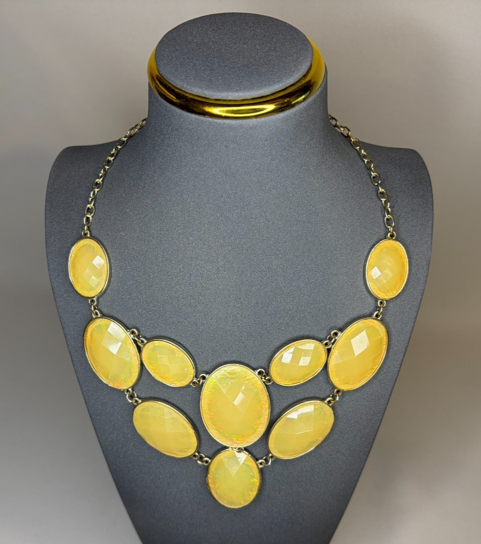 Gold Tone Yellow Faceted Oval Stone Bib Statement Collar Necklace Extender Chain