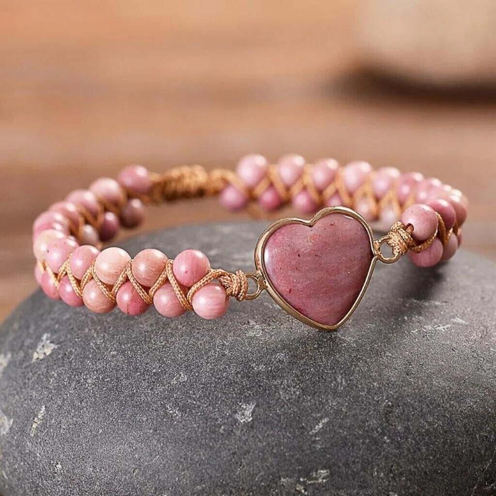 US Rhodochrosite Heart Charm Women Girls Healing Handmade Braided Bracelet Gifts