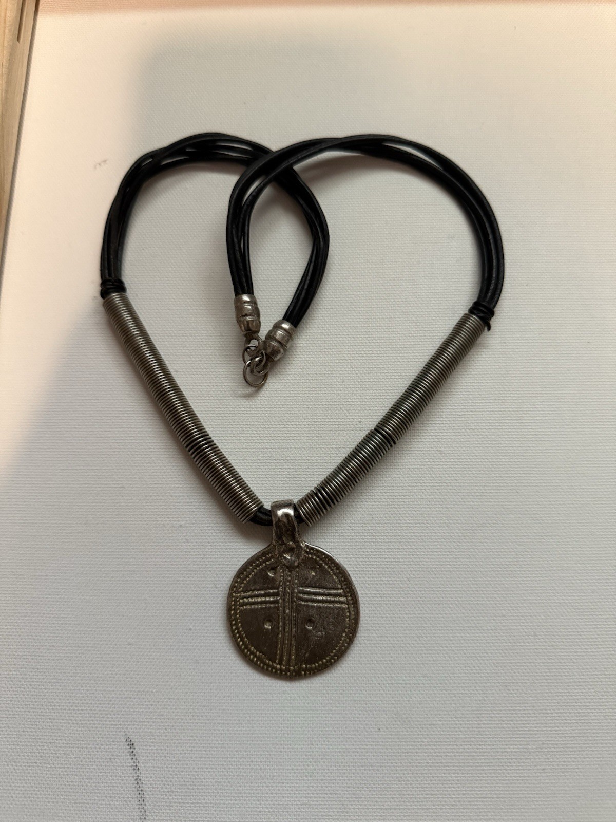 Vintage Handmade Ethnographic White Metal Amulet Pendant Necklace