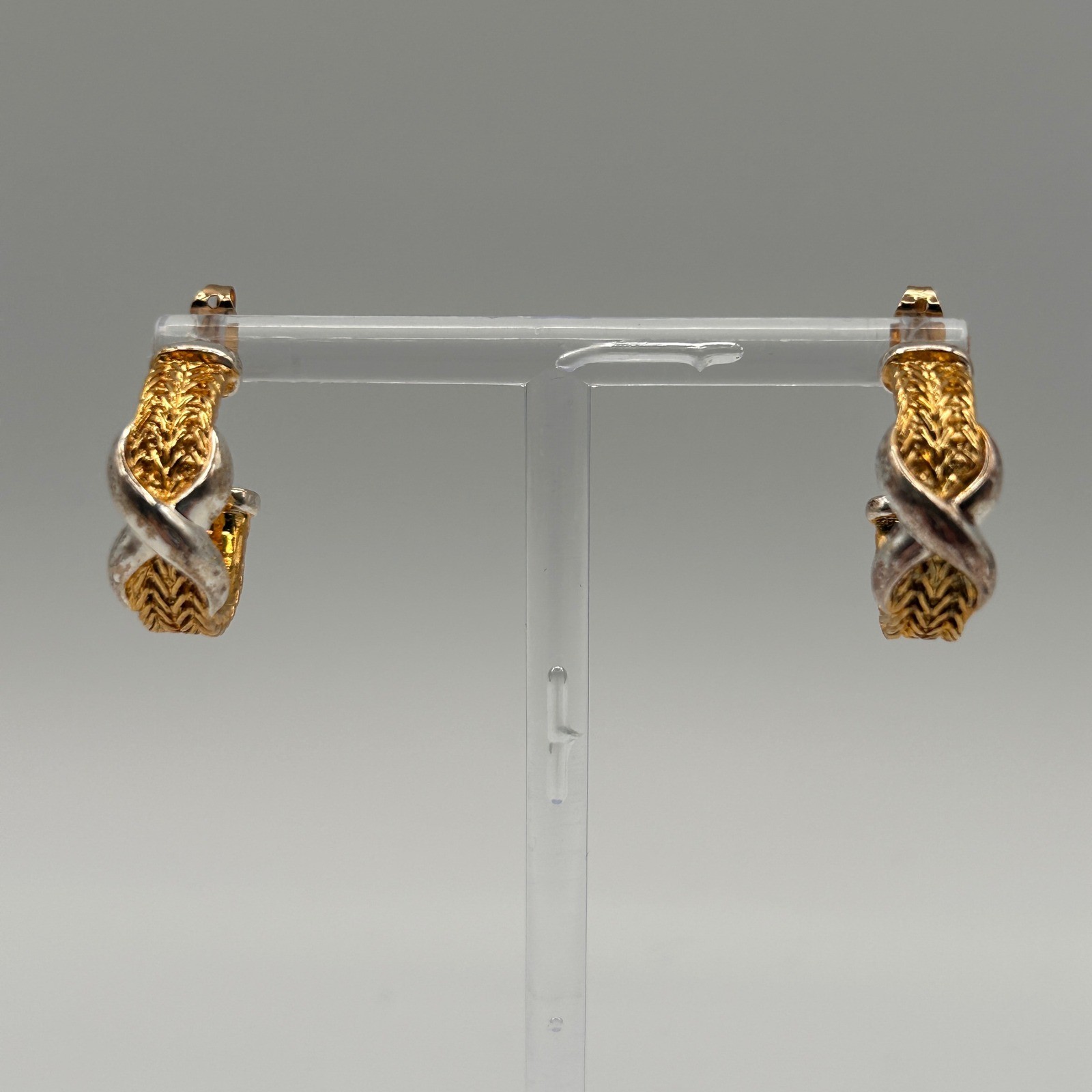 Two Tone Woven Wheat Chain Hoop Earrings Gold Silver Crossover X Design
