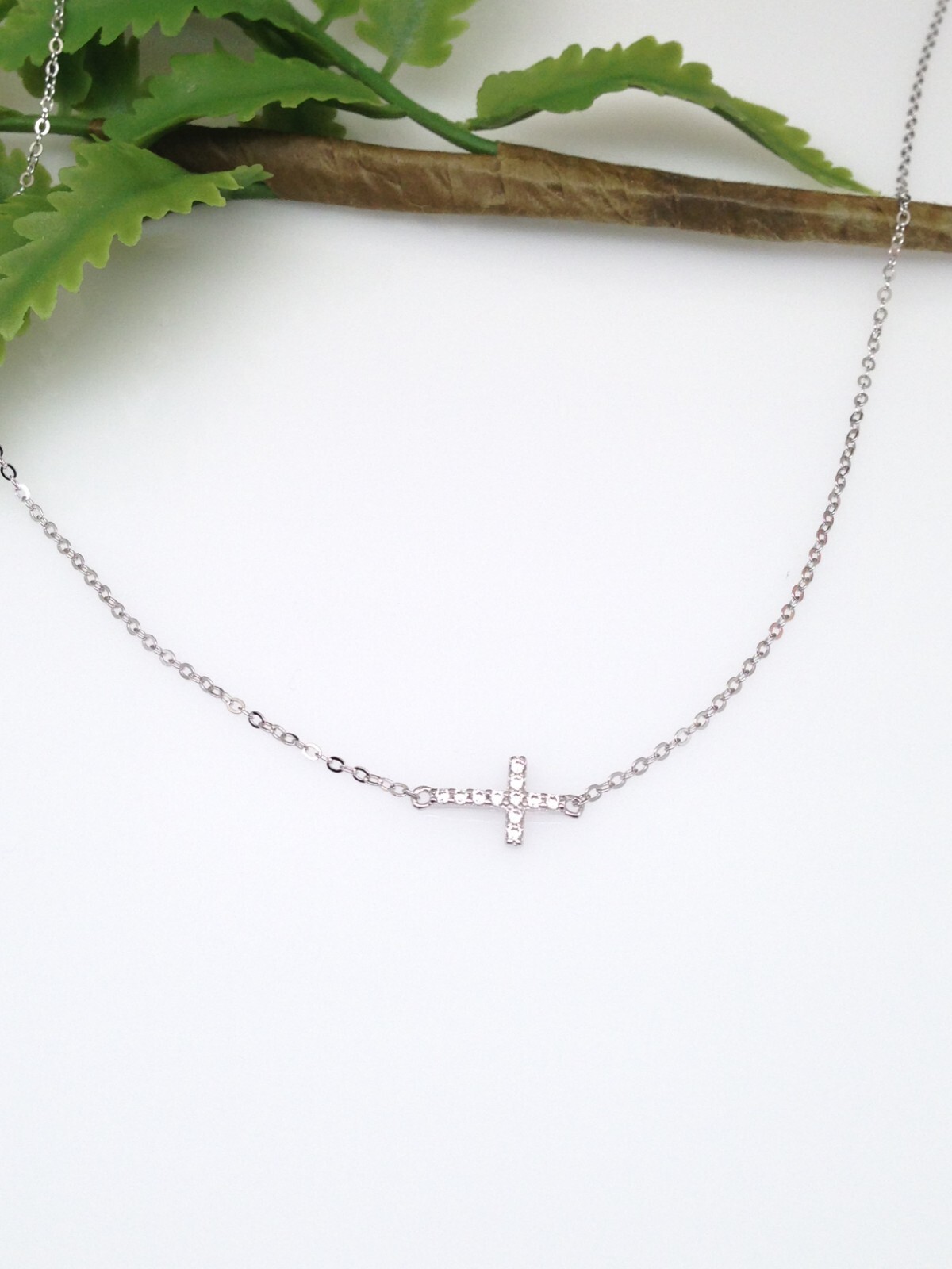 925 Sterling Silver CZ Sideways Cross Pendant Necklace Dainty 9.5mm 17.75″ Women