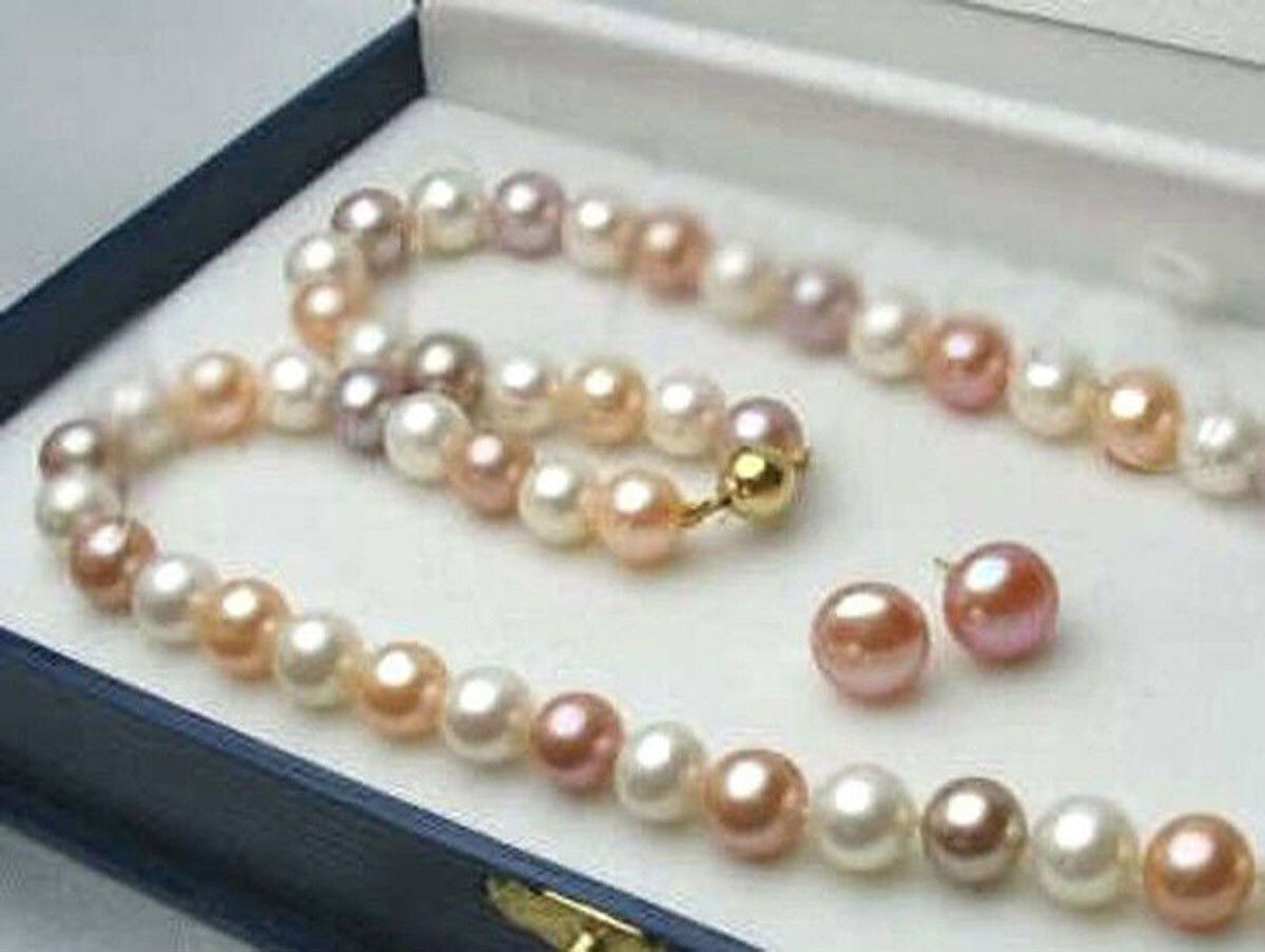 Natural White Pink Purple Akoya Cultured Pearl Necklace Earrings Set 14-48”