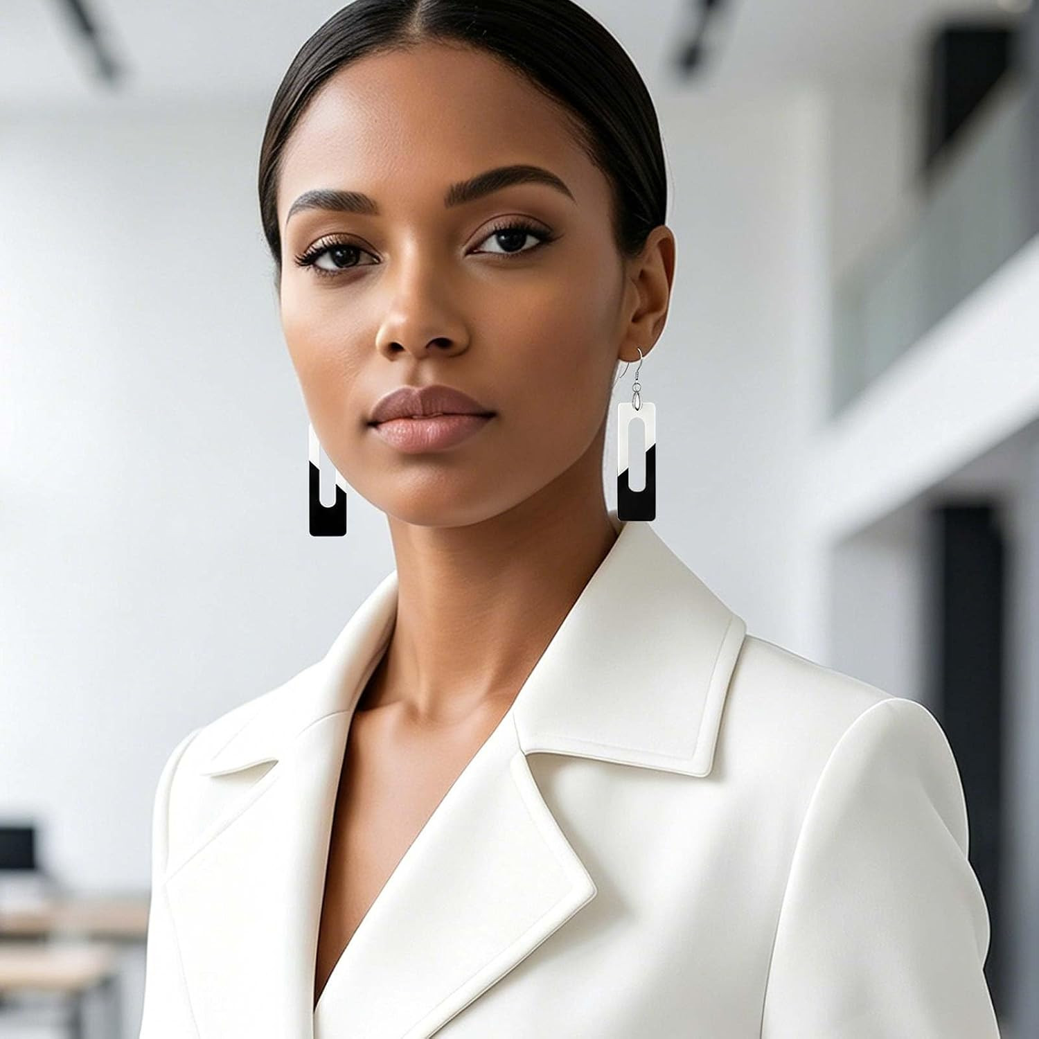 Black White Drop Earrings for Women Rectangle Hollow Geometric Long Dangle Earri