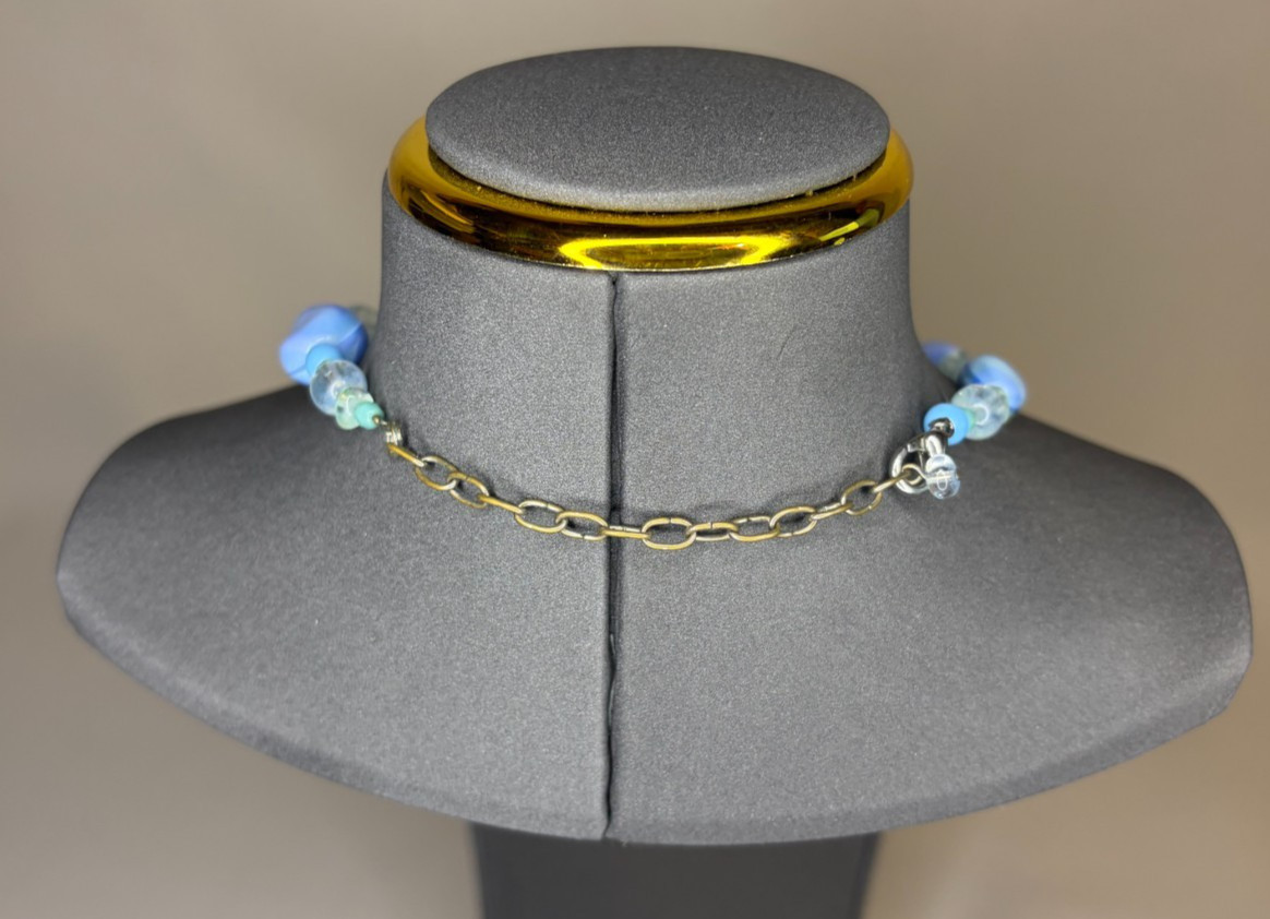 Gold Tone Light Blue Nugget Pendant Drop Necklace Single Strand Extender Chain
