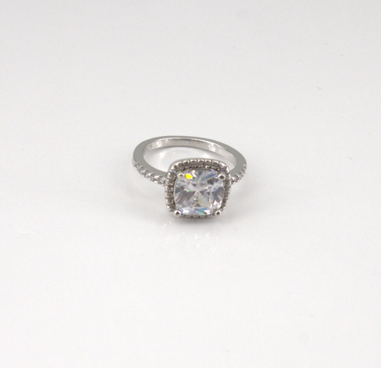 Sterling Silver Ring Cushion Cut Solitaire with Accents Cubic Zirconia Signed S