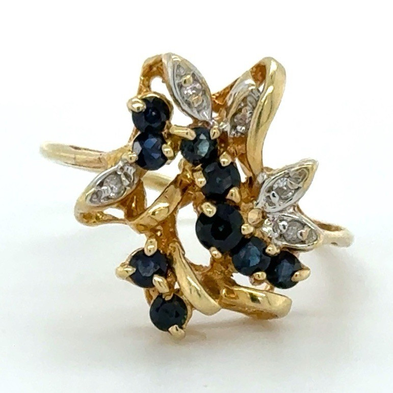 14k Yellow Gold Cocktail Cluster Ring Blue Sapphire/Diamond Floral Prong Sz 7.5
