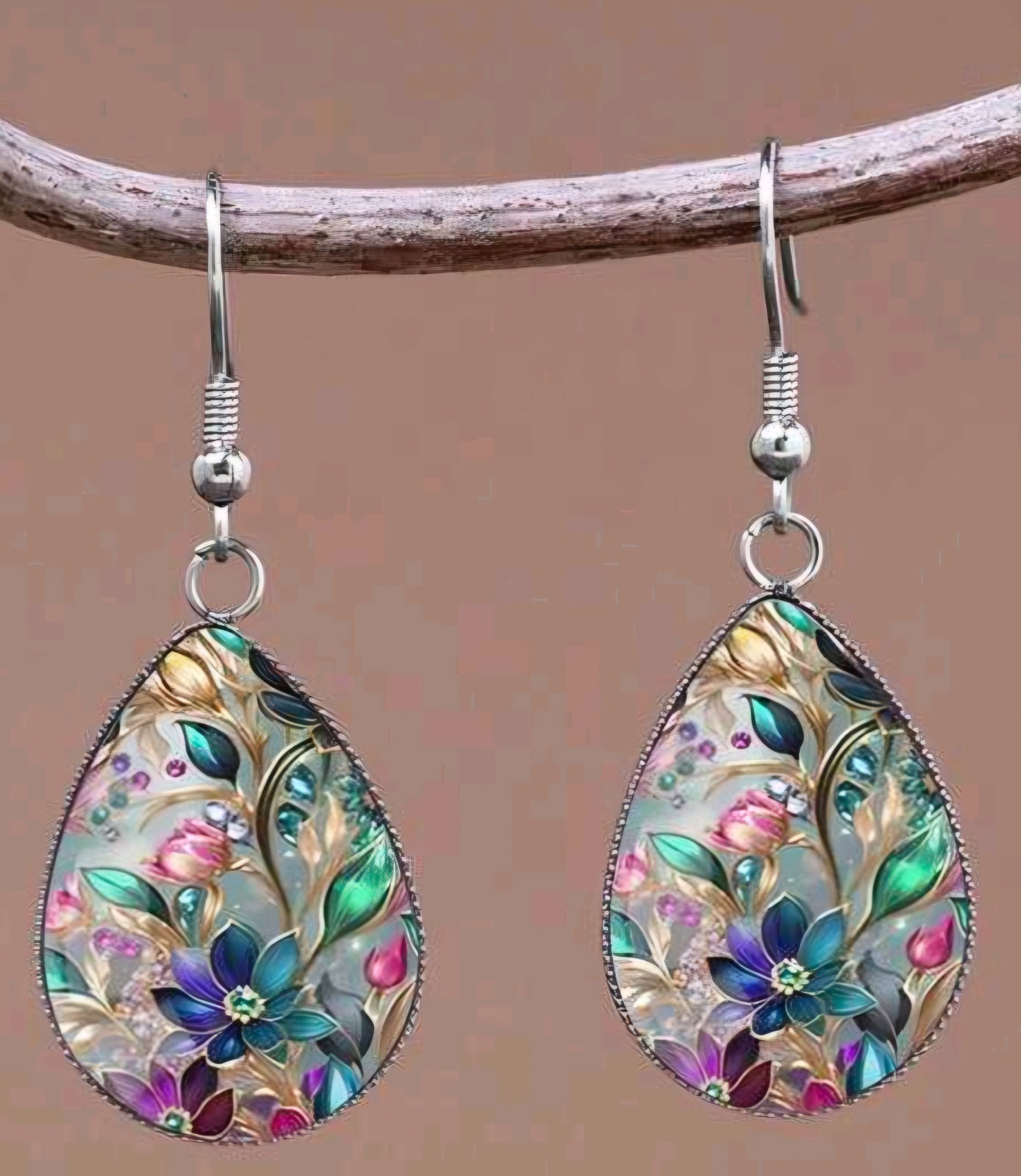 Boho Silver Multi-Color Floral Teardrop French Hook Earrings Approx 1.8″L
