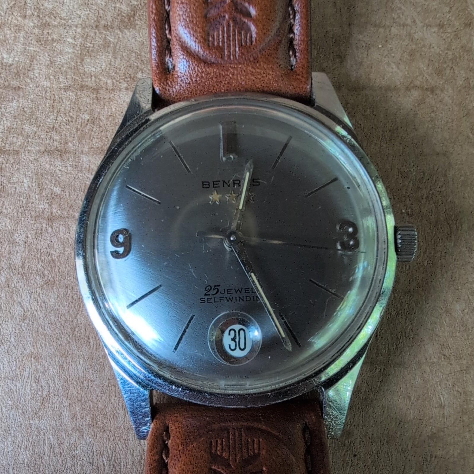 BENRUS 3 Star 25J Self Winding Vintage Swiss Steel Case Date Men’s Runs! 34mm