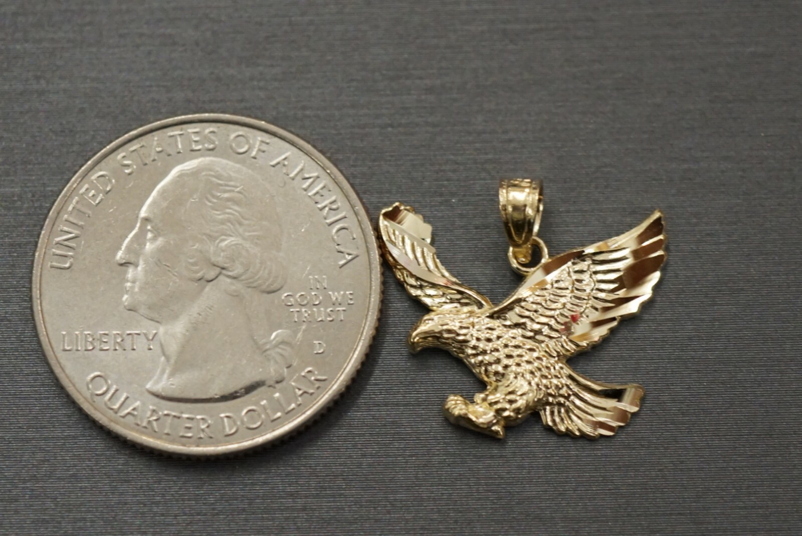 14K Solid Yellow Gold High Polished Diamond Cut Eagle Charm Pendant.