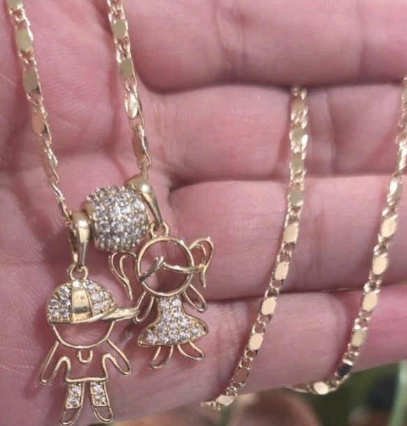 14K Gold Plated Rope Chain Necklace w/ Boy & Girl Charm, Clear CZ